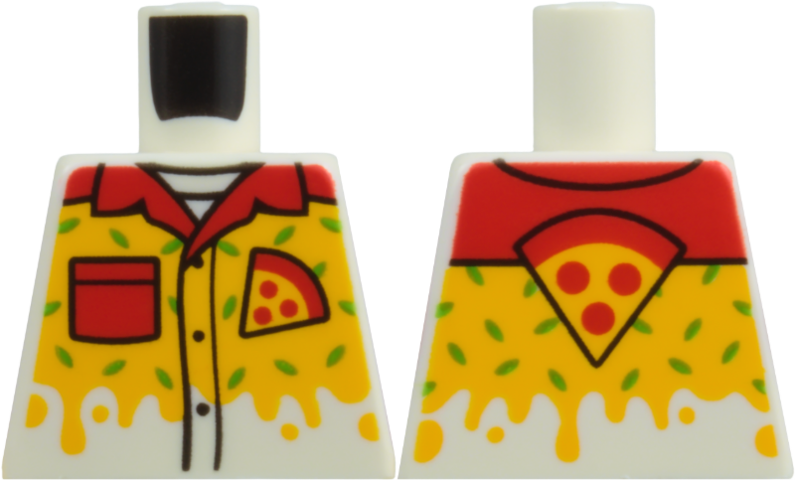 Lego Torso Shirt with Red Collar and Pocket, Black Buttons, Pepperoni Pizza Slice, Bright Light Orange Cheese Drips, and Bright Green Marks Pattern