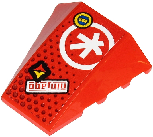 Lego Wedge 4 x 4 Triple Curved No Studs with Red 'ninjago', White Ninjago K Symbol in Circle and Face on Yellow Circle Pattern (Sticker) - Set 71707 / Red