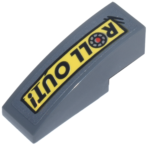 Lego Slope, Curved 3 x 1 with Black 'ROLL OUT!' and Red and Silver Wheel on Yellow Bumper Sticker Pattern (Sticker) - Set 10338