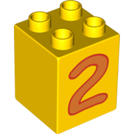 Lego Duplo Brick 2 x 2 x 2 with Orange No. 2 Print / Yellow