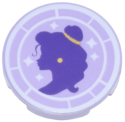 Lego Tile, Round 2 x 2 with Bottom Stud Holder with Dark Purple Belle Silhouette, Gold Hairband and Earring, and White Frame and Sparkles Pattern