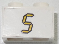 Lego Brick 1 x 2 with Yellow Digital '5' on White Background Pattern (Sticker) - Set 3568 / White