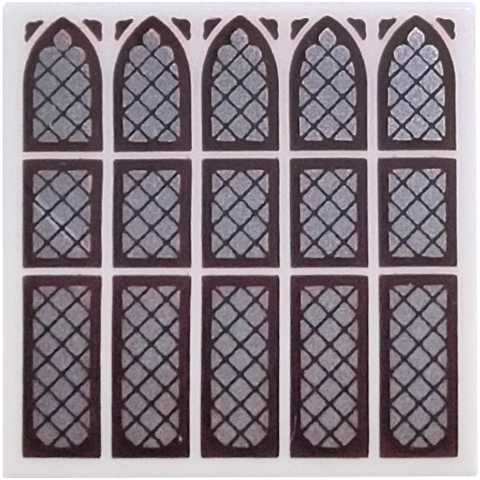 Lego Tile 2 x 2 with 5 Silver Arched and Rectangular Windows with Dark Bluish Gray Frame and Lattice Pattern / White