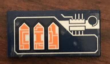 Lego Tile 2 x 4 with Silver Circuitry and Orange Arrows Pattern Model Left Side (Sticker) - Set 70351 / Dark Blue