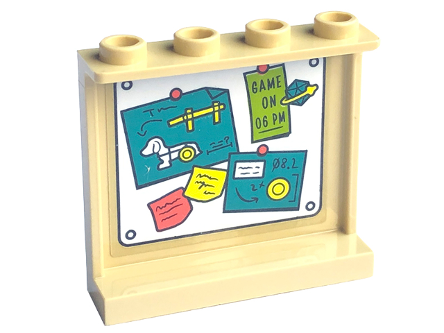 Lego Panel 1 x 4 x 3 with Side Supports - Hollow Studs with Bulletin Board / Pinboard, 'GAME ON 06 PM', Drawings and Notes Pattern (Sticker) - Set 41755 / Tan
