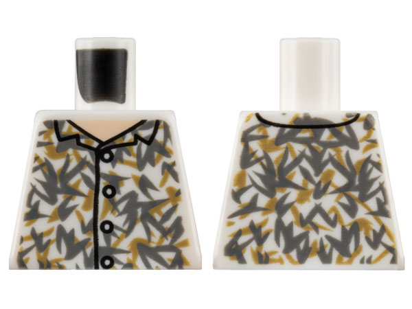 Lego Torso Shirt, Light Nougat Neck, Buttons, Dark Bluish Gray and Tark Tan Floral Pattern / White