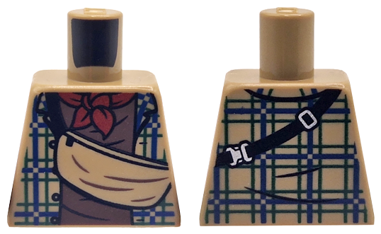 Lego Torso Plaid Shirt Open with Blue Lines, Shoulder Bag with Black Strap, Reddish Brown Undershirt and Dark Red Scarf Pattern / Dark Tan