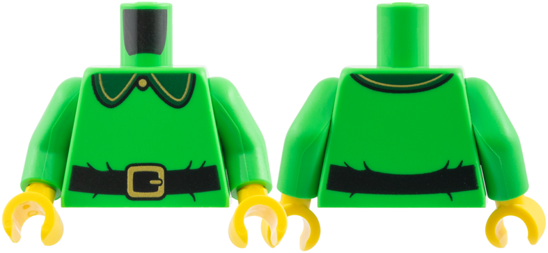 Lego Torso Dark Green Collar with Gold Trim and Button, Black Belt with Buckle Pattern / Bright Green Arms / Yellow Hands