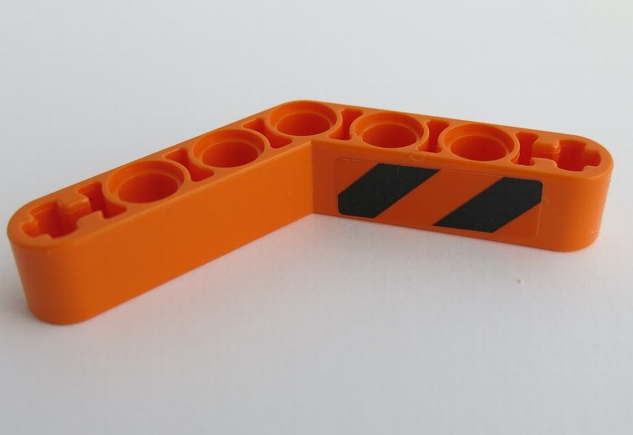 Lego Technic, Liftarm, Modified Bent Thick 1 x 7 (4 - 4) with Black and Orange Danger Stripes Pattern Model Left Side (Sticker) - Set 42071