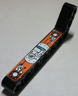 Lego Technic, Liftarm, Modified Bent Thick 1 x 9 (7 - 3) with Dark Turquoise, Silver and Orange Gauges and Levers Pattern Model Right (Sticker) - Set 8305 / Black