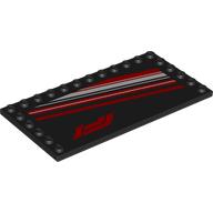 Lego Plate Special 6 x 12 with Studs on 3 Edges with Diagonal Red/White Stripes, Red F1 Logo Print