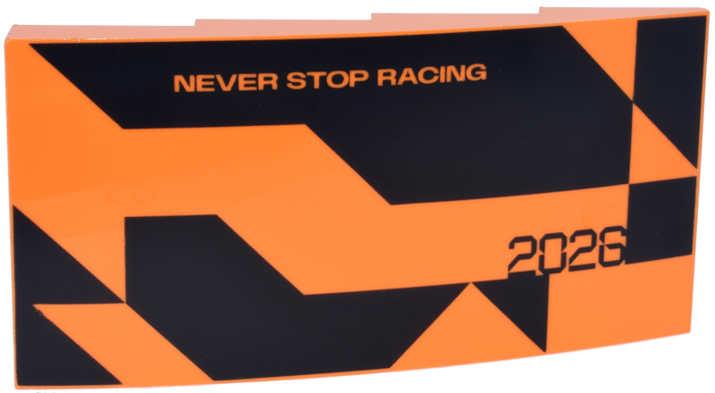 Lego Slope, Curved 8 x 4 x 1 2/3 with Black Triangle, Angled Shapes and Stylized '2026', 'NEVER STOP RACING' Pattern Model Right Side