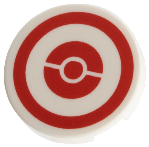 Lego Tile, Round 2 x 2 with Bottom Stud Holder with Red Poké Ball and Circle Border Pattern / White