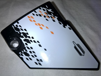 Lego Technic, Panel Fairing #14 Large Short Smooth, Side B with Door Handle and Black and Orange Rhombuses Pattern (Sticker) - Set 9398 / Black