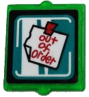 Lego Glass for Window 1 x 2 x 2 Flat Front with White Note with Red 'out of order' and Tape Pattern (Sticker) - Set 80011 / Trans-Green