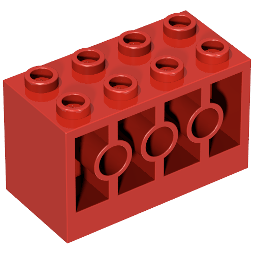 Lego Brick 2 x 4 x 2 with Holes on Sides, Reinforced Supports between Tubes / Red