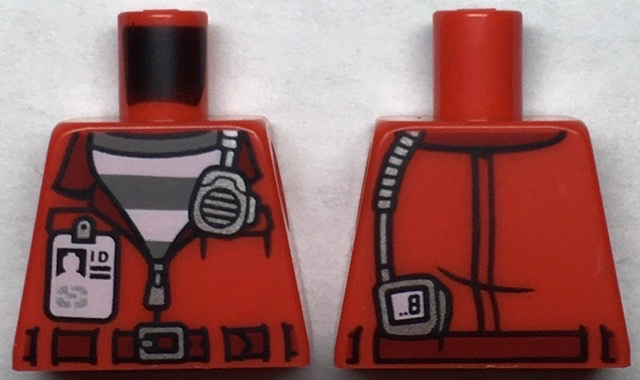Lego Torso Town Prisoner, Jacket with Open Zipper and I.D. over Prison Stripes Pattern / Red