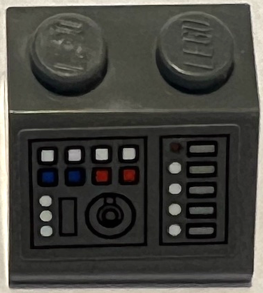 Lego Slope 45 2 x 2 with Control Panel with Round Knob, White, Red, and Blue Buttons, and Light Bluish Gray Displays Pattern (Sticker) - Set 75315 / Dark Bluish Gray