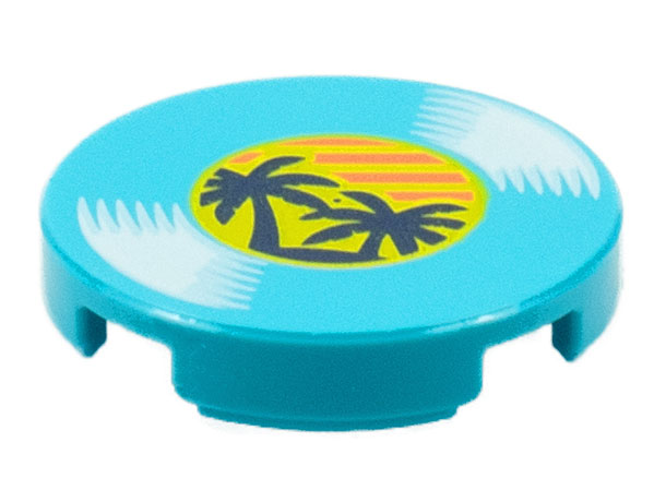 Lego Tile, Round 2 x 2 with Bottom Stud Holder with LP Record, Palm Trees on Label Pattern