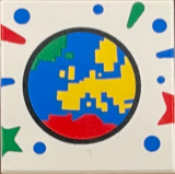 Lego Tile 2 x 2 with Green, Red, Yellow and Blue Pixelated Globe Pattern