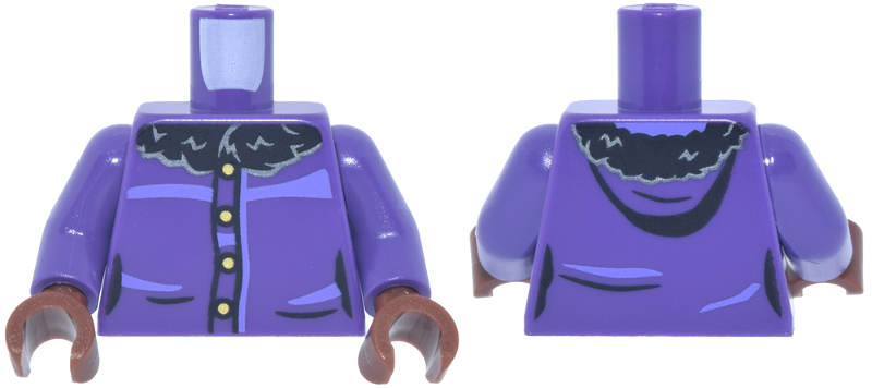 Lego Torso Female Coat with Lavender Highlights, Gold Buttons, Black and Silver Fur Collar and Hood Pattern / Dark Purple Arms / Reddish Brown Hands
