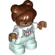 Lego Duplo Figure Child with Two Buns on Top and Long Bangs Reddish Brown, with Light Aqua Legs, Pink and White Strips In Heart on Shirt Print