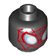 Lego Minifig Head Spider-Man (Miles Morales), Large White and Bright Light Blue Eyes, Red Web Print / Black