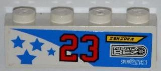 Lego Brick 1 x 4 with Blue Stars, Number '23', 'ZENZORA', 'NUTY REZ' and 'SPIN WEAR' Pattern Model Right Side (Sticker) - Set 8125 / White