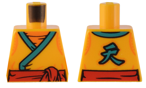 Lego Torso Robe with Dark Turquoise Trim, Red Sash, and Chinese Logogram '天' (Heavens) on Back Pattern / Bright Light Orange