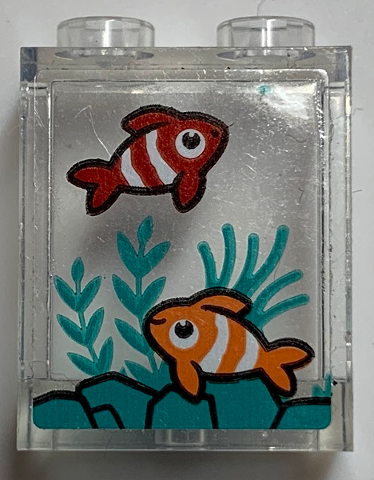 Lego Panel 1 x 2 x 2 with Side Supports - Hollow Studs with Red and Orange Fish in Tank, Dark Turquoise Stones and Plants Pattern (Sticker) - Set 60330