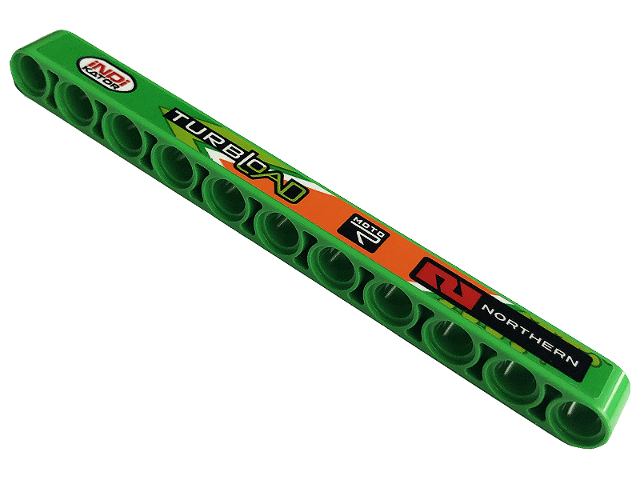 Lego Technic, Liftarm Thick 1 x 11 with 'iNDi KATOR', 'TURBLOAD', 'MOTO R' and 'NORTHERN' Pattern Model Left Side (Sticker) - Set 42129 / Bright Green