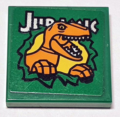 Lego Tile 2 x 2 with 'Jurassic' and Velociraptor Breaking Through Wall on Green Background Pattern (Sticker) - Set 75934 / Green