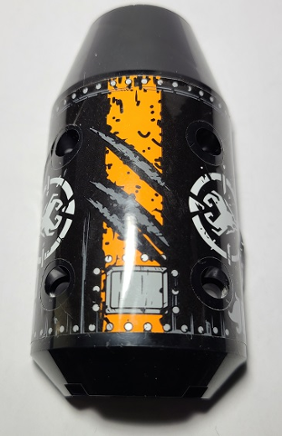 Lego Vehicle, Tipper Drum 3 x 6 x 10 Half with 4 Pin Holes with Claw Scratch Marks, Orange Stripe, Silver Rivets and Ninjago Dragon Hunter Skull Logo Pattern (Sticker) - Set 70654 / Black