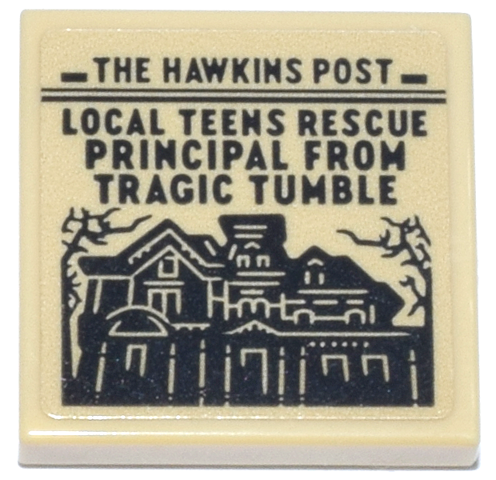 Lego Tile 2 x 2 with Newspaper with Black House, Headline and 'THE HAWKINS POST' Pattern (Sticker) - Set 11370 / Tan