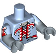 Lego Torso, Dual Molded Arms, Vest with Red and White Trim, Gorilla Fur Print, Bright Light Blue Sleeves Pattern, Sand Blue Arms and Hands / Bright Light Blue