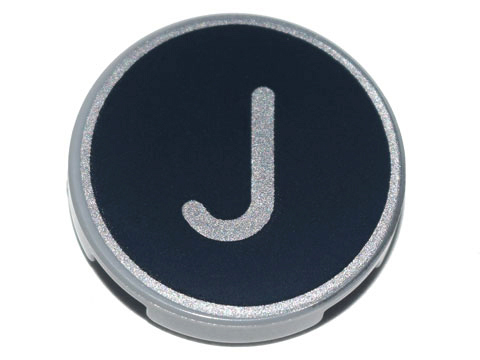 Lego Tile, Round 2 x 2 with Bottom Stud Holder with Silver Capital Letter J on Black Background Pattern