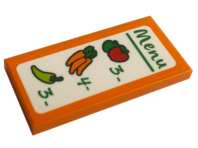 Lego Tile 2 x 4 with Green 'Menu' with Apples, Carrots, Chili Pepper, Number 3, 4 and 3 Pattern (Sticker) - Set 60345