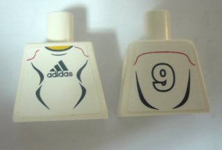Lego Torso Soccer Uniform White Shirt with Black Adidas Logo, Curved Lines and Number 9 on Back, Yellow Neck Pattern (Stickers) / White