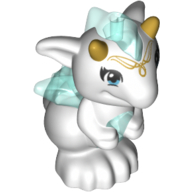 Lego Creature, Dragon, Baby with Trans-Light Blue Belly, Spines and Wings and Gold Horns Print / White