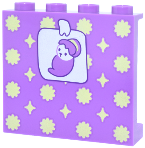 Lego Panel 1 x 4 x 3 with Side Supports - Hollow Studs with Wallpaper with Bright Light Yellow Stars and Flowers, White Photo of Puppy Baby Doll Pattern / Medium Lavender