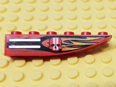 Lego Slope, Curved 6 x 1 Inverted with Black and Orange Flames and Red Skull with White Stripes Pattern Model Left Side (Sticker) - Set 8863