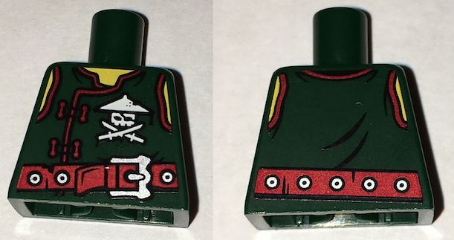 Lego Torso Ninjago Vest with Red Clasps, Ninja Skull with Crossed Swords and Red Belt with Silver Buckle Pattern / Dark Green