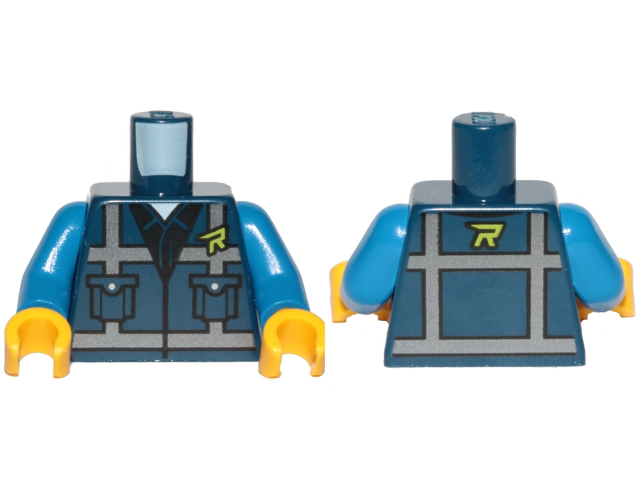 Lego Torso Safety Vest with Pockets, Silver Reflective Crossed Stripes, and Lime Stylized Capital Letter R over Black Shirt and White Undershirt Pattern / Blue Arms / Yellow Hands