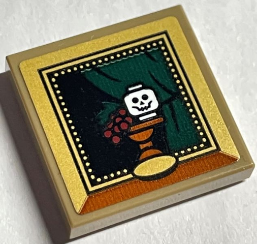 Lego Tile 2 x 2 with Picture of White Skull on Table with Grapes and Dark Green Curtain in Gold Frame Pattern (Sticker) - Set 76408 / Dark Tan