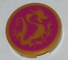 Lego Tile, Round 2 x 2 with Bottom Stud Holder with Pearl Gold Dragon on Magenta Background Pattern