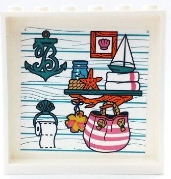 Lego Panel 1 x 6 x 5 with Starfish, Jar, Rope, White Towels, Dark Pink Striped Bag, Dark Turquoise Shelf, Anchor, Boat and Toilet Paper Roll Holder Pattern (Sticker) - Set 41428 / White