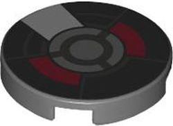 Lego Tile, Round 2 x 2 with Bottom Stud Holder with Black, Dark Red and Silver Armor Plates and Circles Pattern / Dark Bluish Gray