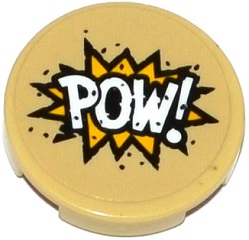 Lego Tile, Round 2 x 2 with Bottom Stud Holder with 'POW!' in Yellow Starburst Explosion Pattern (Sticker) - Set 76053 / Tan