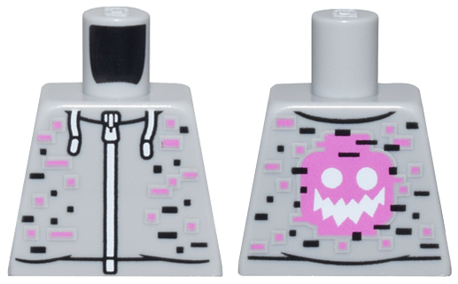 Lego Torso Hoodie with White Zipper and Drawstrings, Black and Dark Pink Rectangles, Minifigure Head with Zigzag Mouth on Back Pattern / Light Bluish Gray