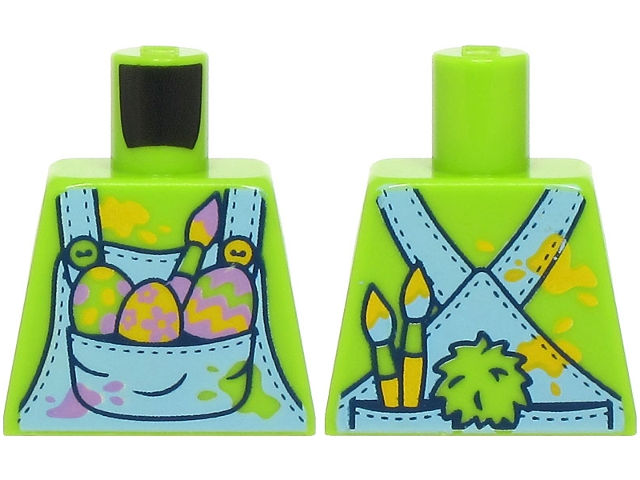Lego Torso Bright Light Blue Overalls with Decorated Eggs and Paint Brush in Pocket, Bright Light Orange and Medium Lavender Spots Pattern (BAM) / Lime